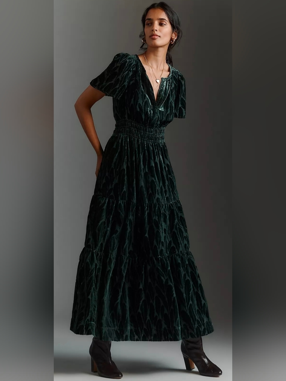 Anthropologie Somerset Velvet Burnout Feather Print Maxi Dress
